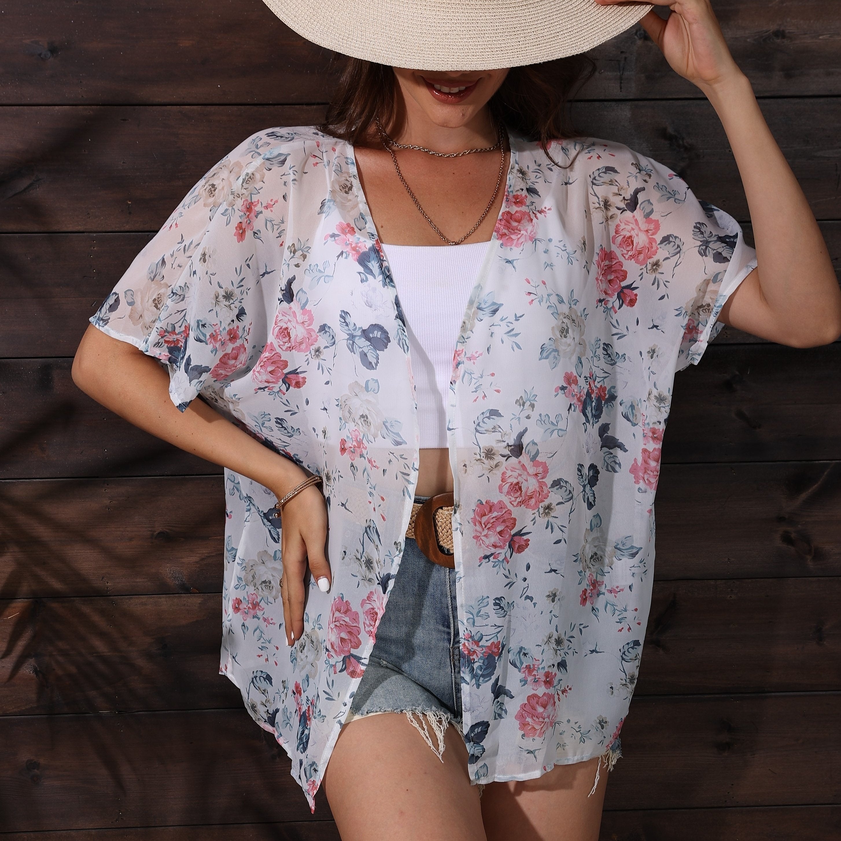 Floral Print Batwing Sleeve Kimono Cardigan Semi Sheer Chiffon Coverup