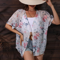 Floral Print Batwing Sleeve Kimono Cardigan Semi Sheer Chiffon Coverup