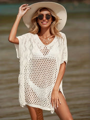 Eyelet Hollow Crochet Tie Side Beach Cover Up Batwing Split Thigh Solid Boho Bea