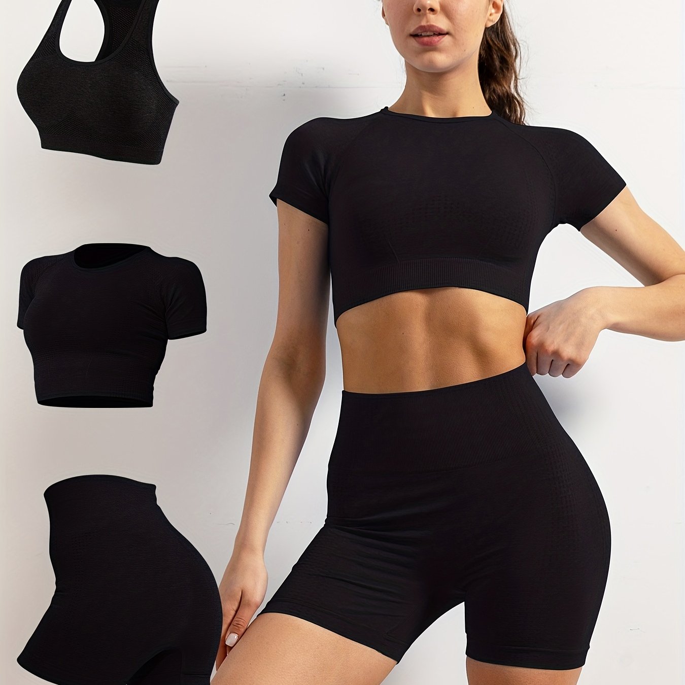 3pcs Solid Workout Yoga Set Racerback Crop Top & High Waist Sports Shorts