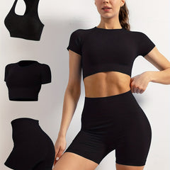 3pcs Solid Workout Yoga Set Racerback Crop Top & High Waist Sports Shorts
