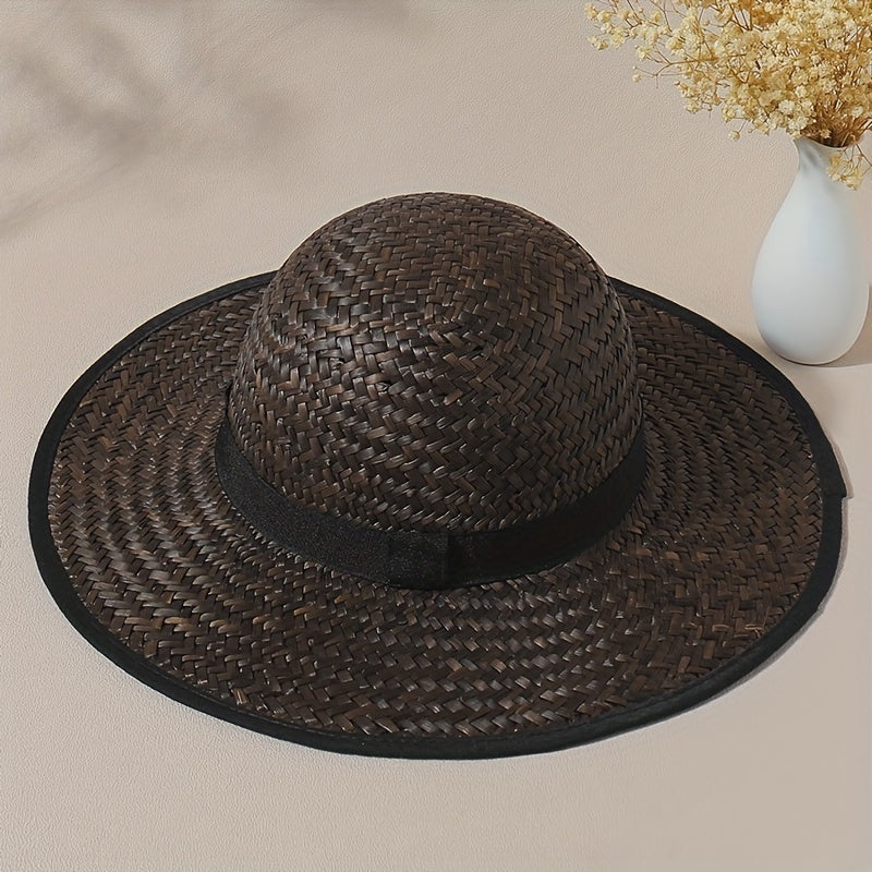 Vintage Dark Brown Crochet Sun Hat Wide Brim UV Protection Boonie Fisherman Cap