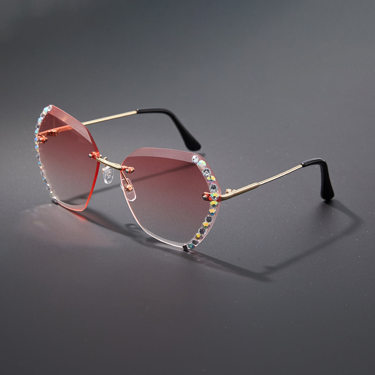 Rimless Ombre Lens Sunglasses Rhinestone Decor Glasses