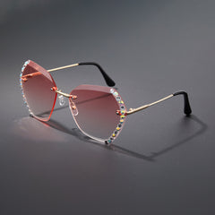 Rimless Ombre Lens Sunglasses Rhinestone Decor Glasses