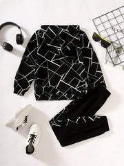 Geometric Graphic Print Boys Hooded Sweatshirt & Sweatpants Set