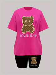 Women Cartoon Bear & Letter Print Tee & Shorts Two Piece Set