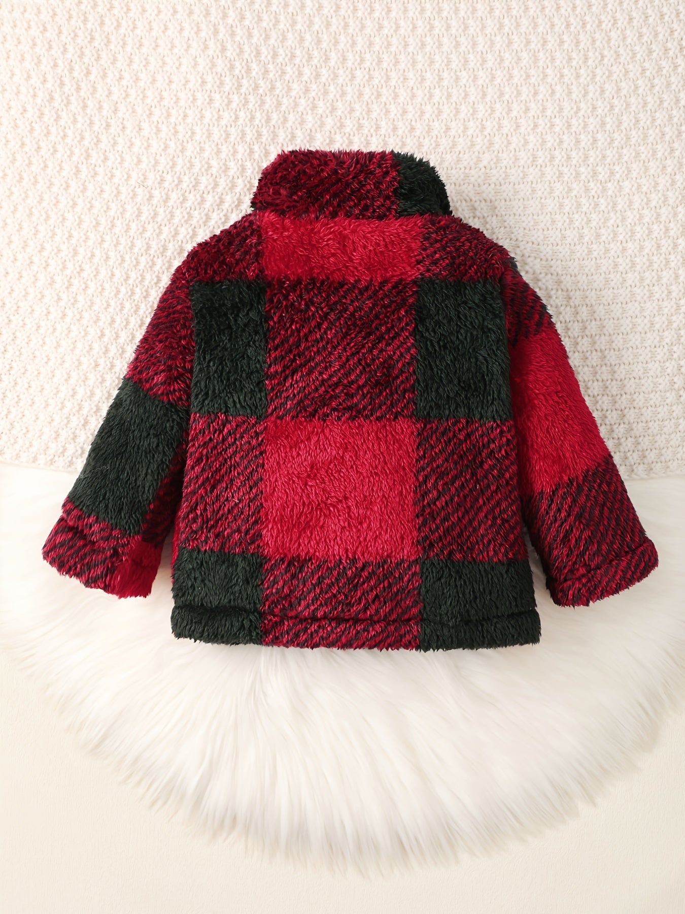 Boys Plaid Print Furry Coat Thermal Jacket