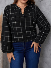 Grid Print Lantern Sleeve Notched Neck Blouse