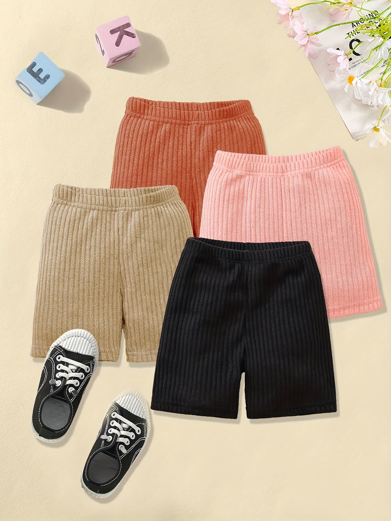 4pcs Girls Plain Knit Shorts Set for Kids