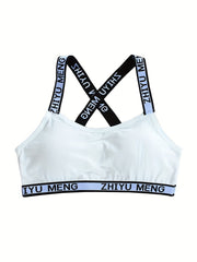 Girls Sports Bra Letter Print Cross Strap No Steel Ring Comfortable Underwear