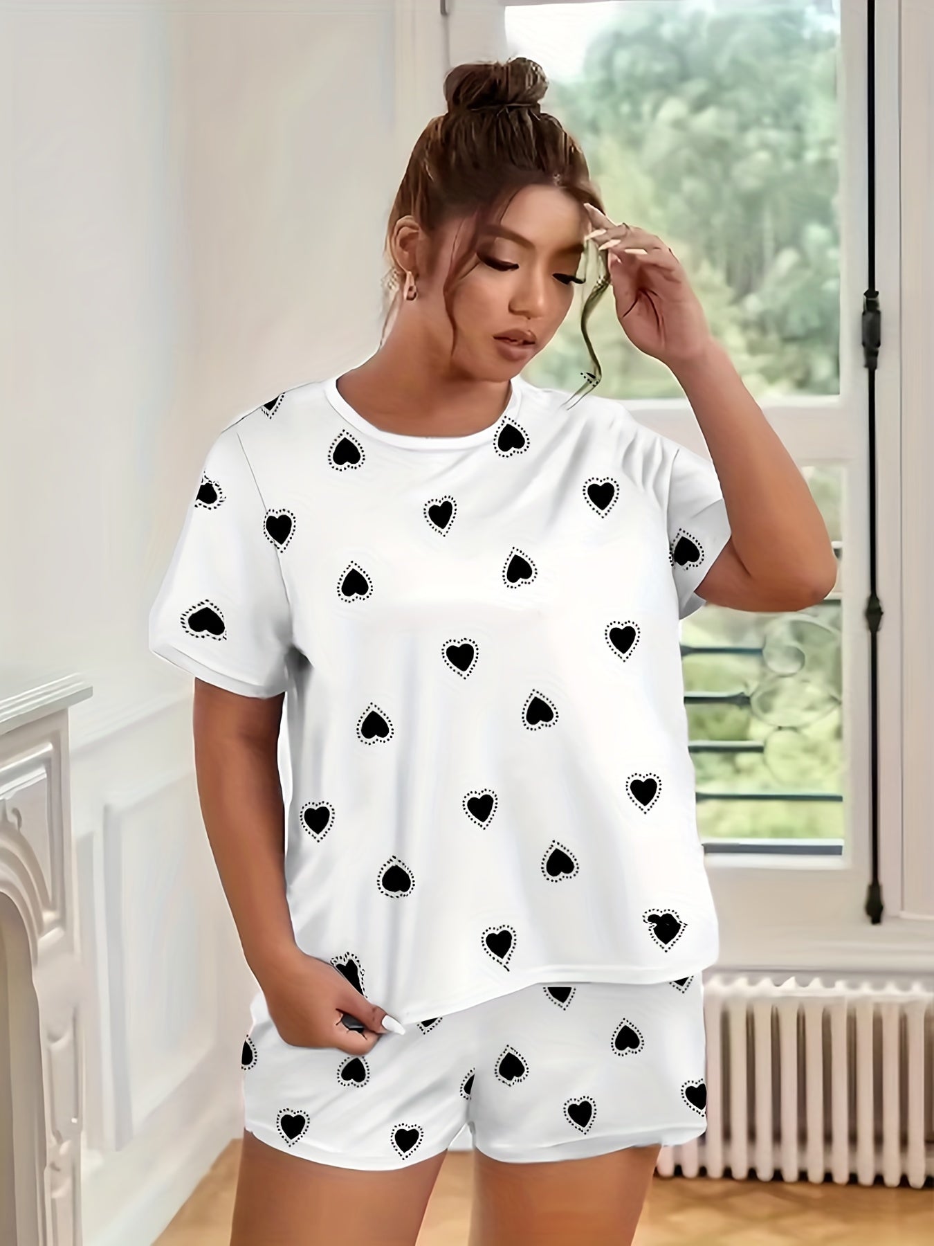 Heart Print Short Sleeve Pajama Set