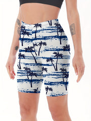 Women's Coconut Tree Pattern Skinny Shorts for Yoga Running Fitness