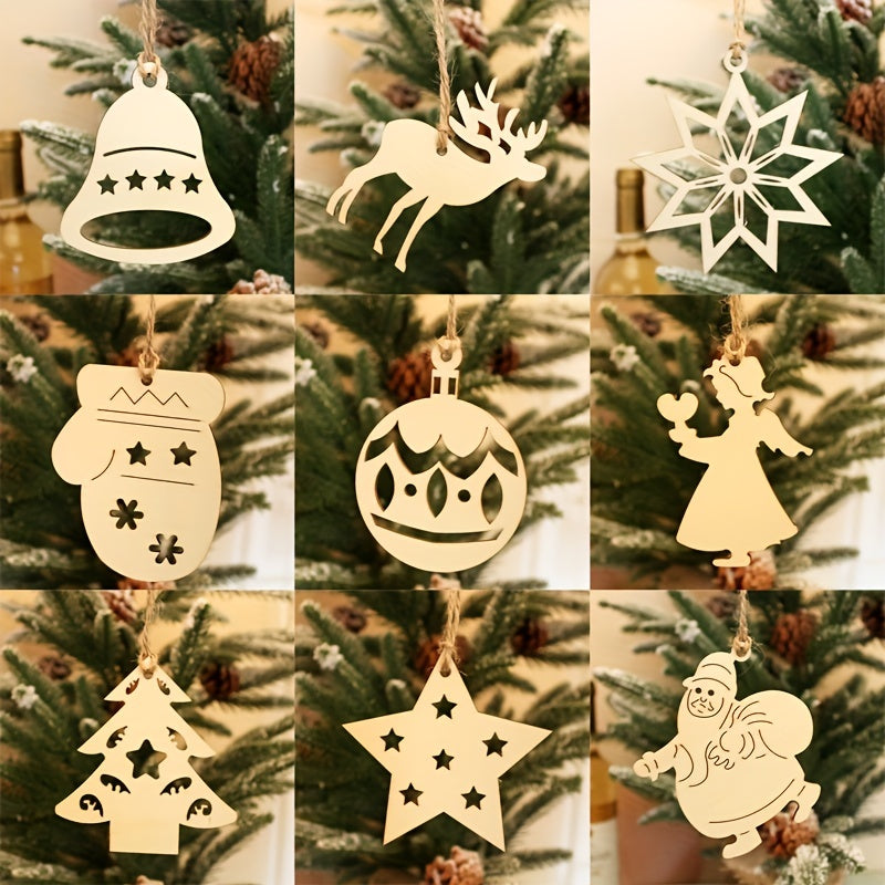 10pcs Engraved Christmas Tree Ornaments Snowflake Wood Chips Cartoon Baubles