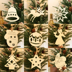10pcs Engraved Christmas Tree Ornaments Snowflake Wood Chips Cartoon Baubles