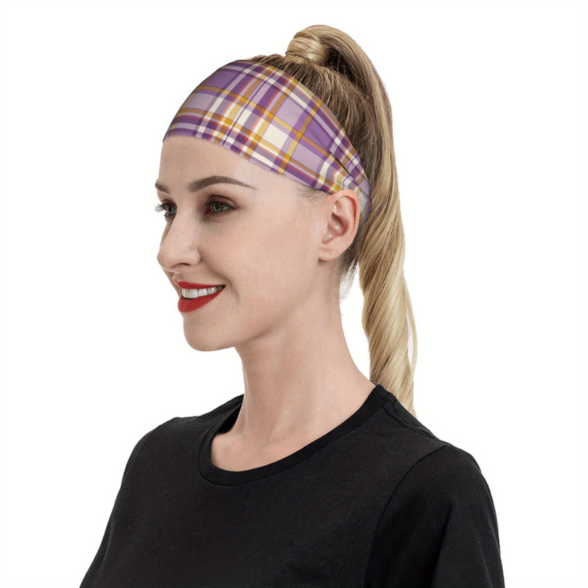 Signature Check Plaid Headband Purple Yellow Brown Beige Stretchy Headband