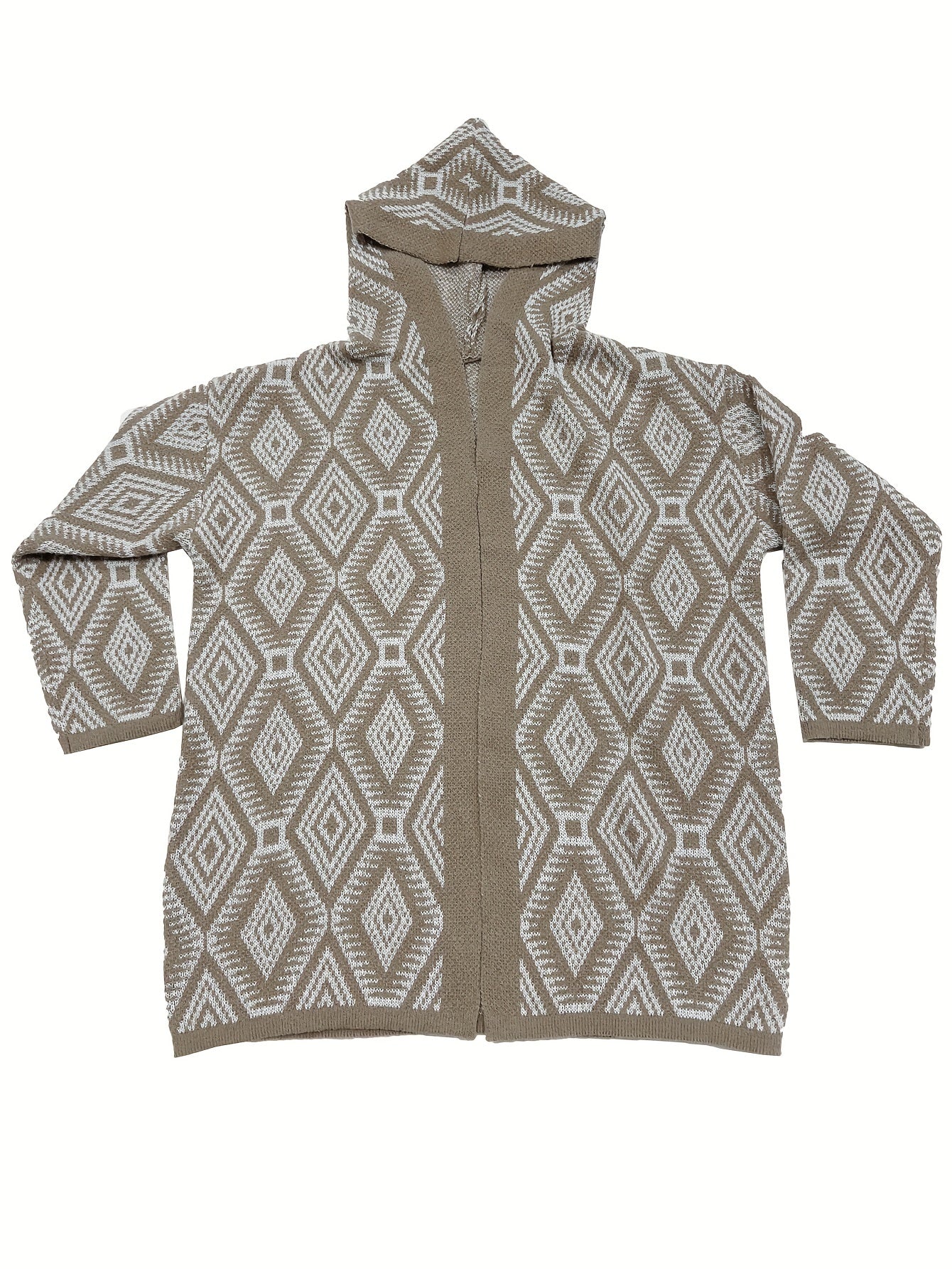 Retro Cardigan Women's Plus Hooded Open Front Geo Pattern Long Sleeve