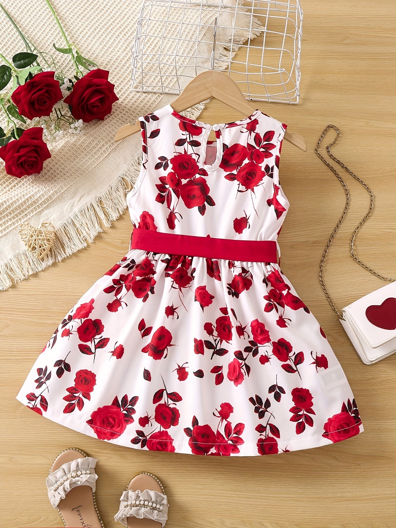 Sweet Rose Floral Tank Dress Girls Romantic Sleeveless A Line Casual Party Valen