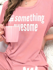 Letter Print Lounge Set Short Sleeve Crew Neck Top & Elastic Waistband Pants
