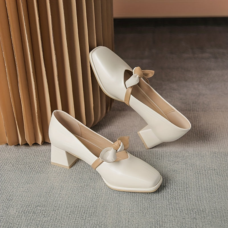 Bowknot Decor Chunky Heels Square Toe Outdoor Shoes