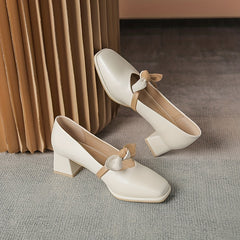 Bowknot Decor Chunky Heels Square Toe Outdoor Shoes