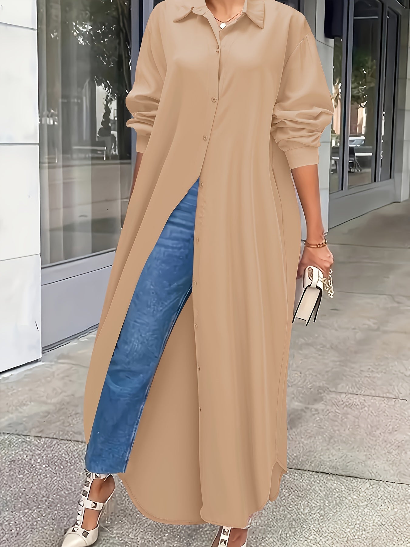 Solid Button Up Long Sleeve Shirt Dress
