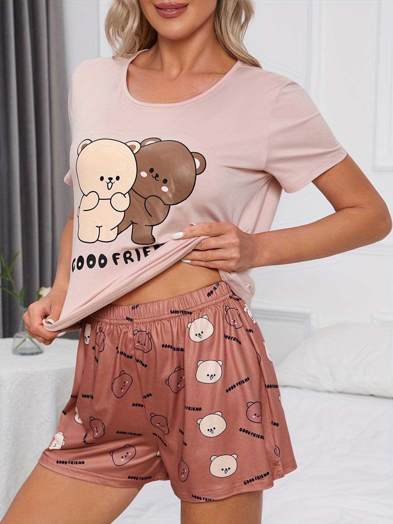 Bear Print Lounge Set Short Sleeve Top & Elastic Shorts