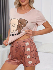 Bear Print Lounge Set Short Sleeve Top & Elastic Shorts