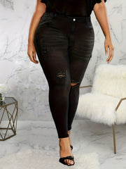 High Stretch Skinny Jeans Washed Ripped Button Fly