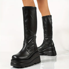 Women's Wedge Mid Calf Boots Round Toe Back Zipper Platform Shoes