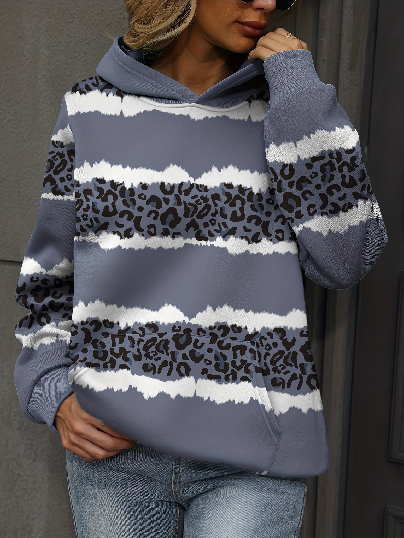 Leopard & Striped Kangaroo Pocket Hoodie Women's Sweatshirt