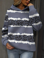 Leopard & Striped Kangaroo Pocket Hoodie Women's Sweatshirt