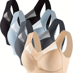 4pcs Contrast Mesh Wireless Push Up Bras Breathable Women's Lingerie