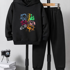 Boys Colorful Game Controller Print Hoodie & Sweatpants Set