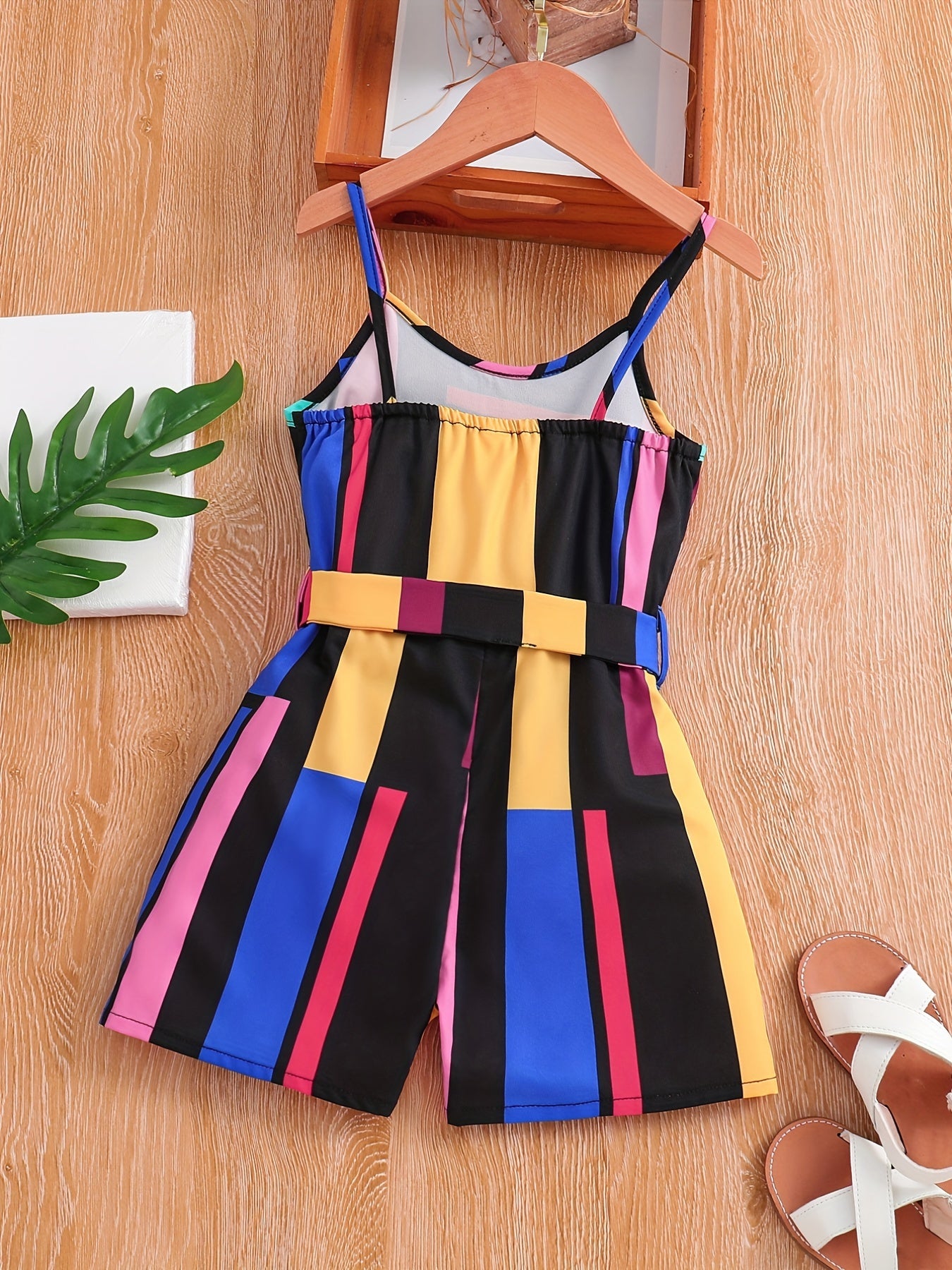 Girls Cami Romper Block Geometry Print Jumpsuit With Belt