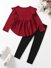 Girl's Ribbed Peplum Top & Leggings Set For Spring Fall