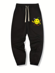 Yellow Face Print Drawstring Sweatpants Loose Fit Casual Joggers