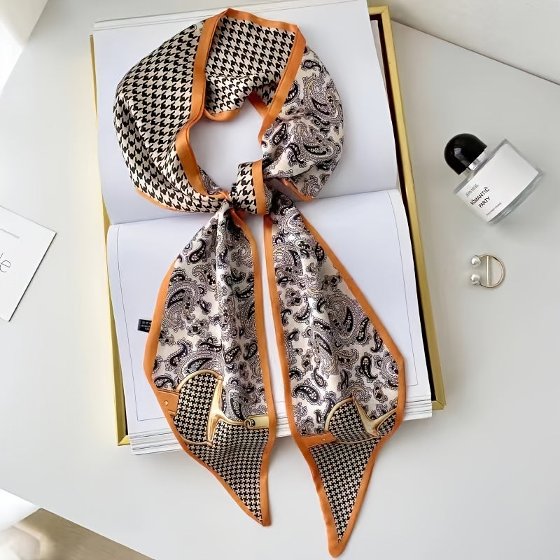Thin Ribbon Scarf Angled Long Neckerchief Classic Print Hair Tie Band