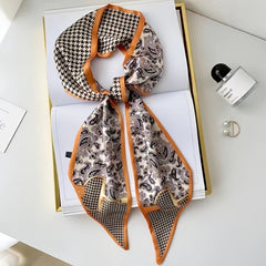 Thin Ribbon Scarf Angled Long Neckerchief Classic Print Hair Tie Band