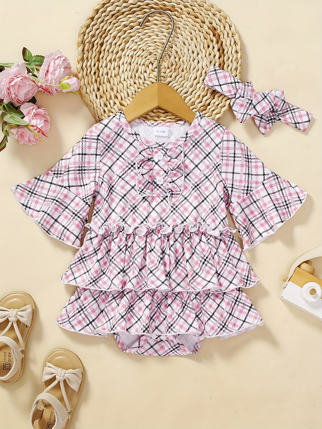 2pcs Baby Girls Plaid Onesie Dress & Headband Flared Sleejsons Princess Dress