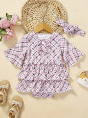2pcs Baby Girls Plaid Onesie Dress & Headband Flared Sleejsons Princess Dress