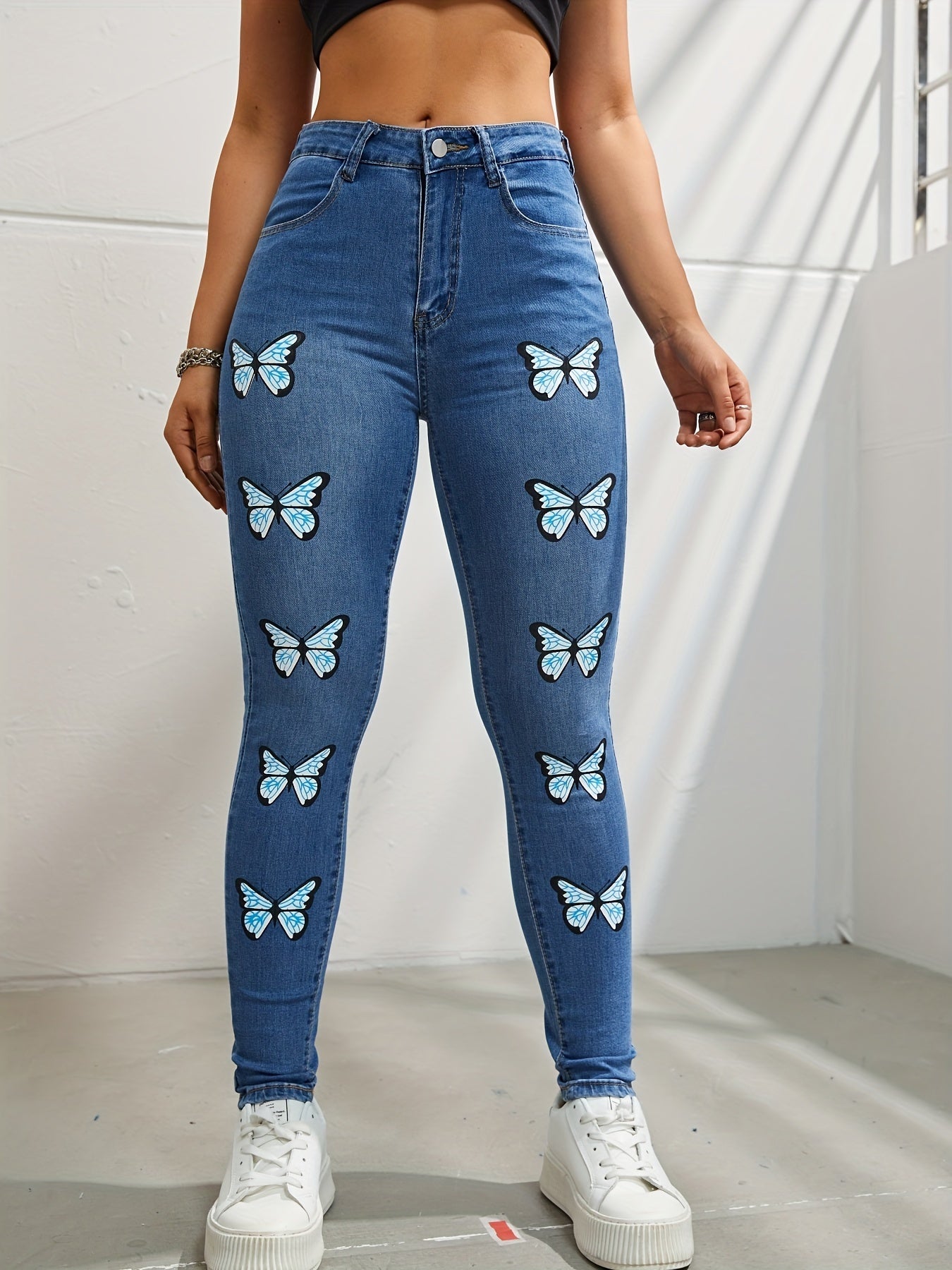 Butterfly Print Skinny Jeans Y2K Denim Pants