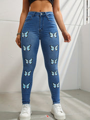 Butterfly Print Skinny Jeans Y2K Denim Pants