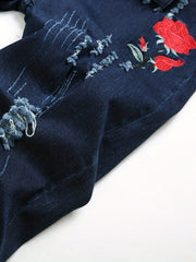 Rose Embroidery Ripped Jeans Mens Casual Street Style Denim Pants