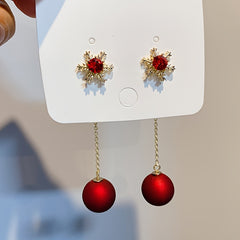 Christmas Snowflake Red Pearl Stud Earrings Long Two Wear Earrings