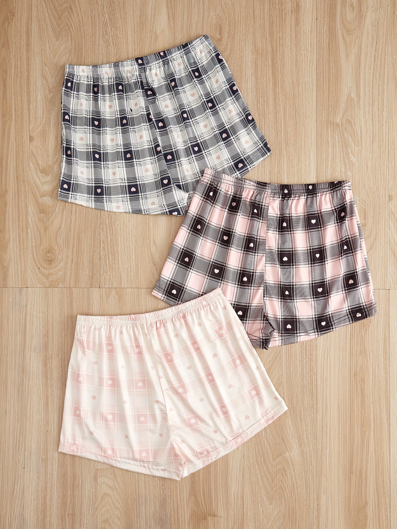 Heart Print Sleep Bottoms Plaid Elastic Waistband Shorts