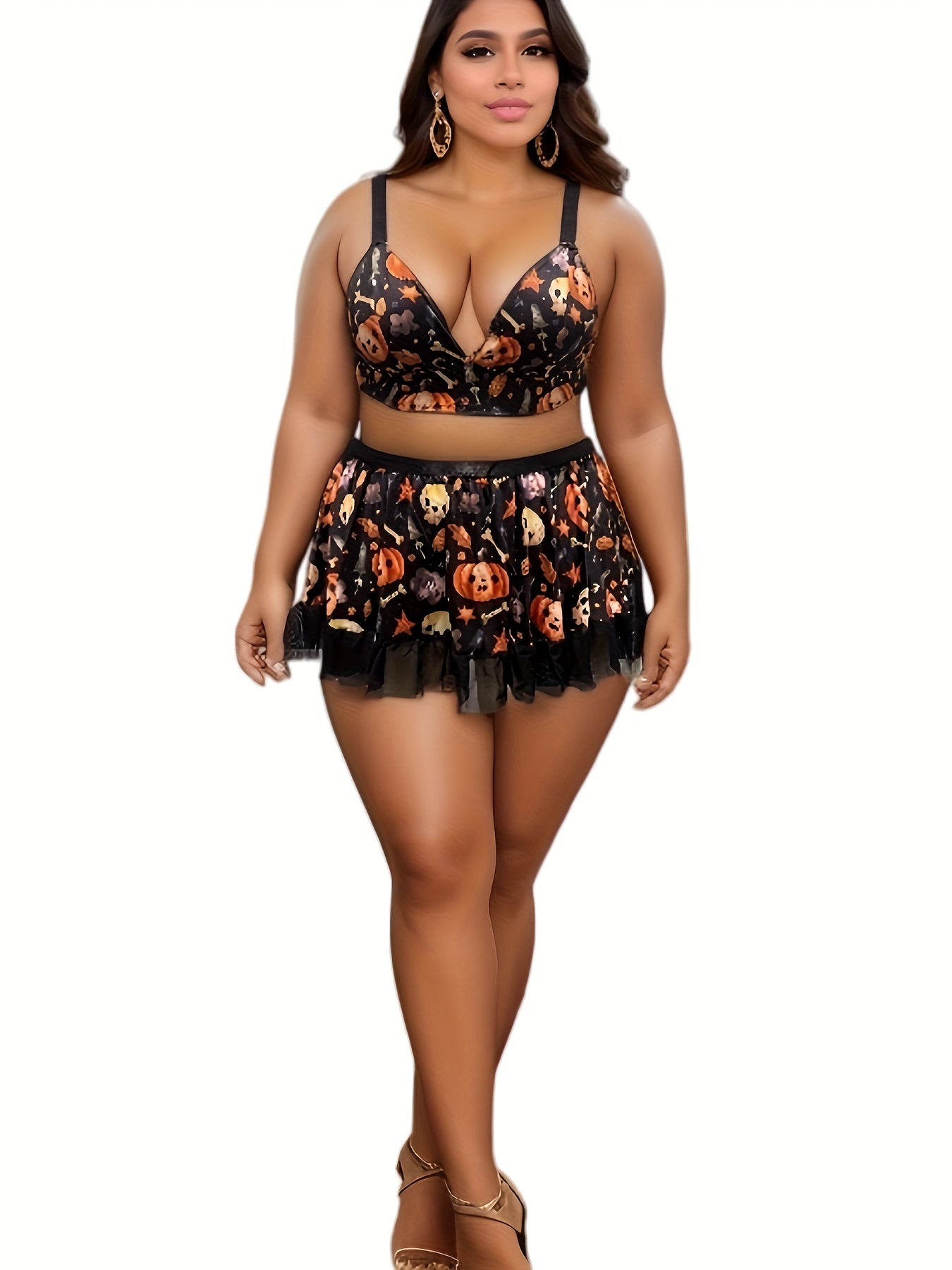 Skull & Pumpkin Print Lace Trim Bra & Skirt Set Halloween Costume