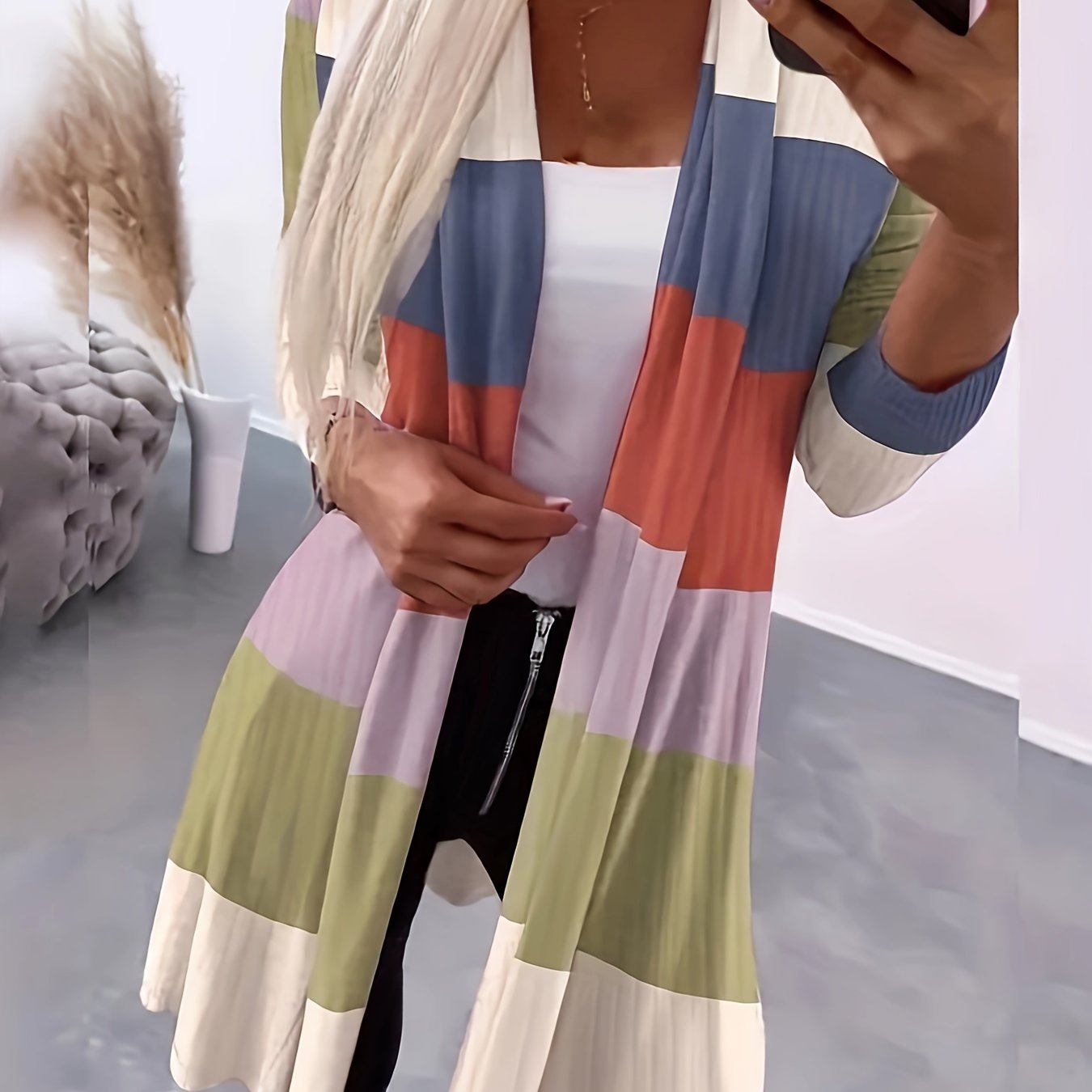 Colorblock Long Sleeve Open Front Cardigan