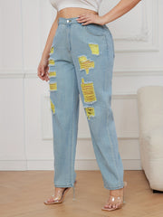 Colorblock Button Fly High Rise Ripped Jeans