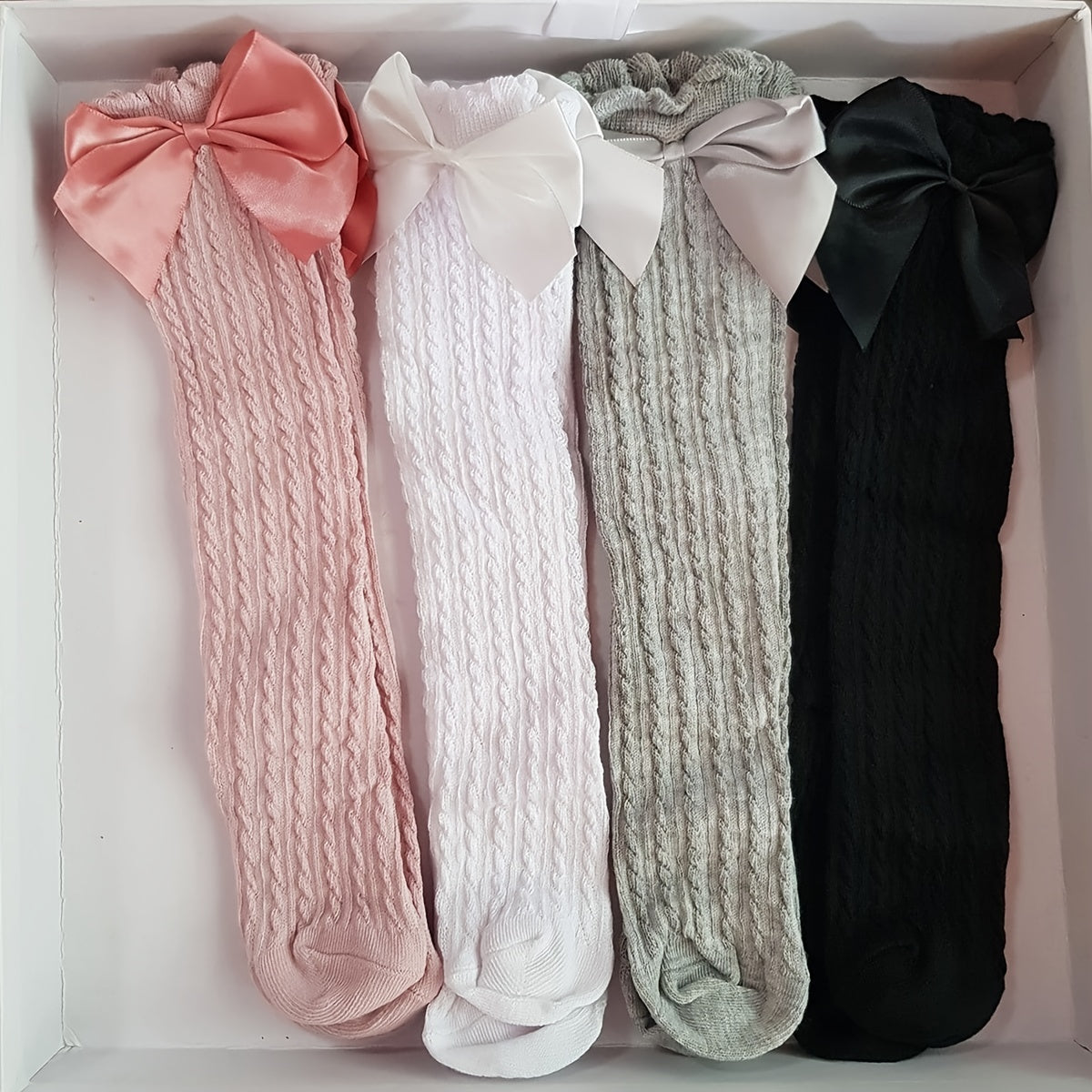 4 Pairs Girls Breathable Mesh Cable Knit Knee High Socks with Satin Bow