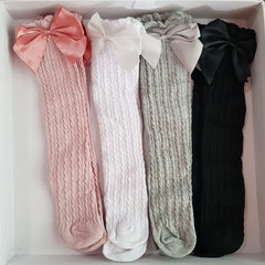 4 Pairs Girls Breathable Mesh Cable Knit Knee High Socks with Satin Bow